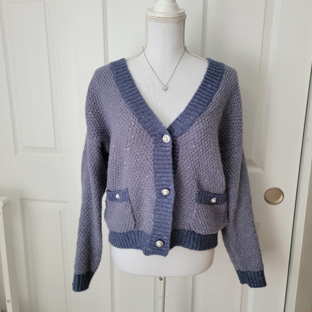 Lauren Conrad Light Blue Sparkle Coastal Grandma Pearls Oversized Knit Sweater